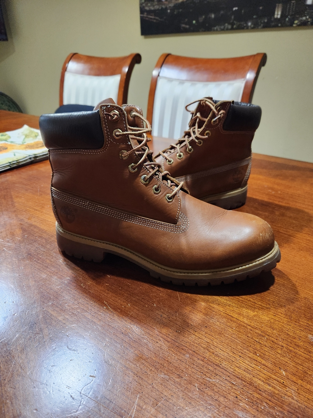 Timberland Brown Leather Lace-Up Work Boots with Black Padded Collar Size 12 Men